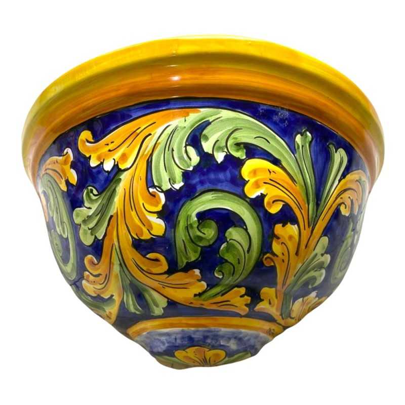 Pannier, Hängepflanzgefäß aus Caltagirone-Keramik mit gelbem und grünem Barockdekor auf blauem Hintergrund, (1 Stück), e