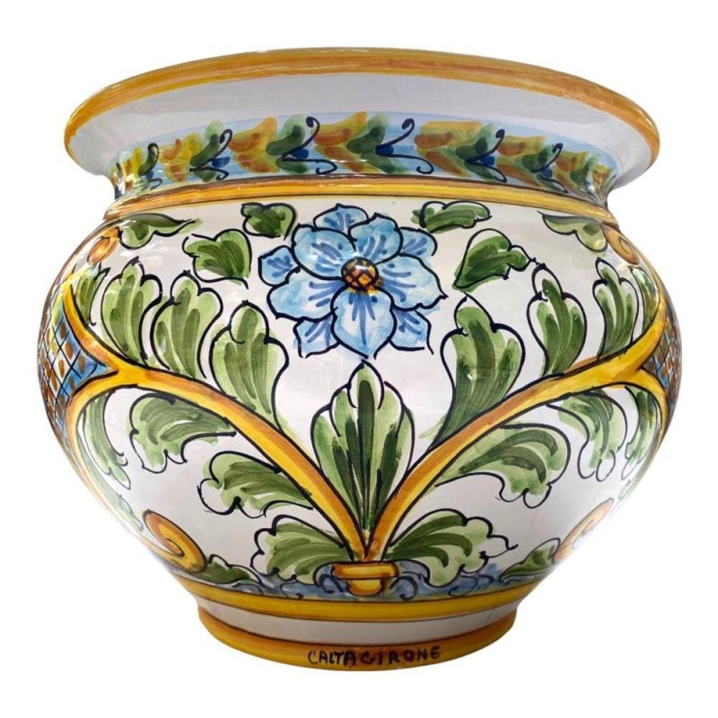 Macetero de cerámica Cachepot Caltagirone, decoración floral sobre fondo blanco, disponible en varios tamaños - 