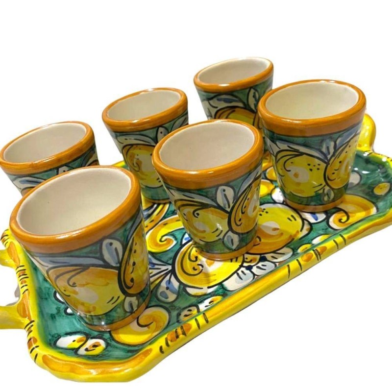 Servicio de limoncello para 6 personas en cerámica de Caltagirone, decoración barroca y limones sobre fondo verde - 