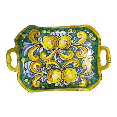 Servicio de limoncello para 6 personas en cerámica de Caltagirone, decoración barroca y limones sobre fondo verde - 