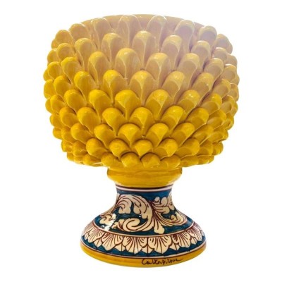 Vaso Mezza Pigna Caltagirone Giallo, con 4 opzioni misura (1Unità) gambo blu decoro barocco bianco - 