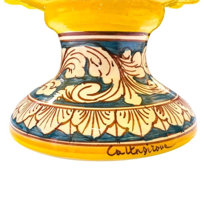 Vaso Mezza Pigna Caltagirone Giallo, con 4 opzioni misura (1Unità) gambo blu decoro barocco bianco - 