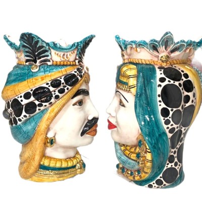 Paire de têtes Caltagirone marron foncé avec or pur - h env. 40 cm - 