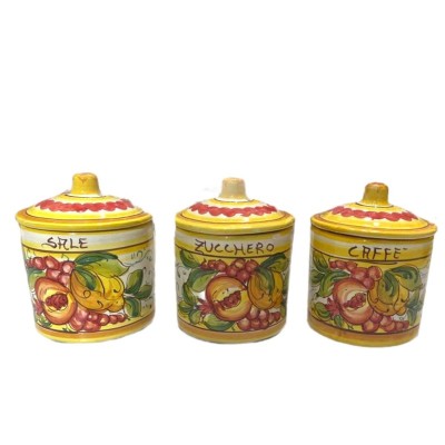 Tarros Tris en fina cerámica siciliana, h 14 x Ø 10 cm Sal, Azúcar y Café frutas mixtas - 