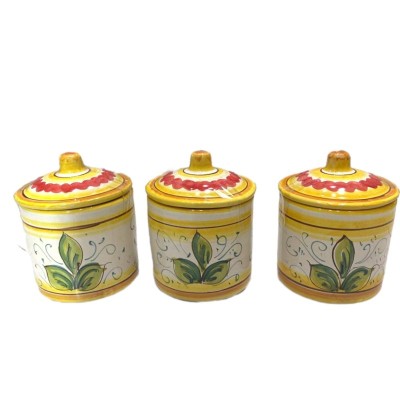 Potes Tris em cerâmica fina siciliana, h 14 x Ø 10 cm Sal, Açúcar e Café frutas mistas - 