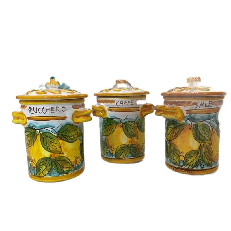 Pots Tris en céramique fine sicilienne - Sel, Sucre et Café citrons fond vert - 