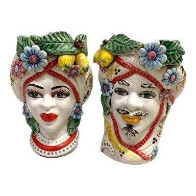 Tête de Maure de Caltagirone avec fleurs et fruits, hauteur environ 28 cm - 