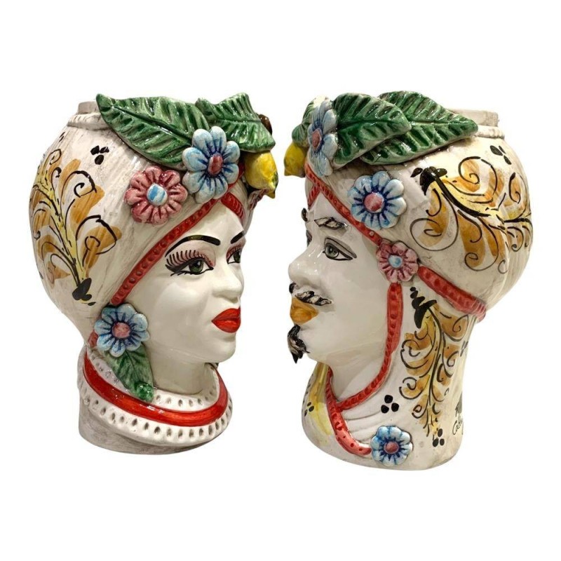 Tête de Maure de Caltagirone avec fleurs et fruits, hauteur environ 28 cm - 