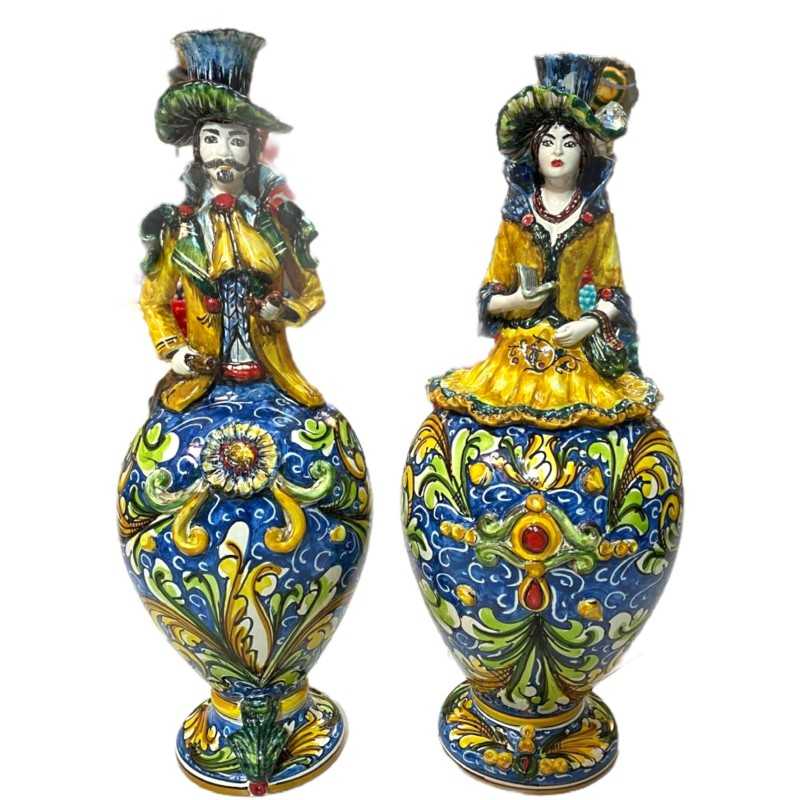 Par de Signorotti, Lumiere em cerâmica Caltagirone, decorações em relevo - Altura cerca de 50 cm - 
