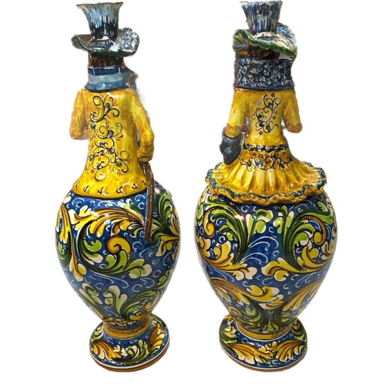 Par de Signorotti, Lumiere em cerâmica Caltagirone, decorações em relevo - Altura cerca de 50 cm - 