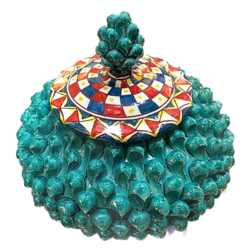 Słoik lub pudełko na biżuterię w kształcie szyszki sycylijskiej, ceramika Caltagirone Ø ok. 26 cm. (1 szt.) Różne dekora