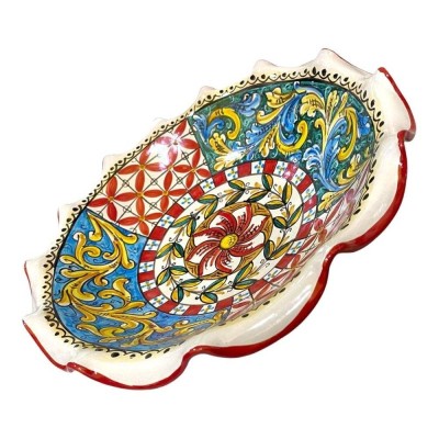 Centrotavola in ceramica smerlato con decoro carretto siciliano diametro circa 40 cm - 