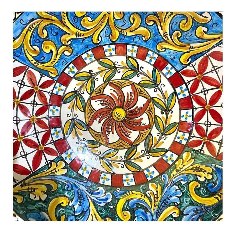 Centrotavola in ceramica smerlato con decoro carretto siciliano diametro circa 40 cm - 