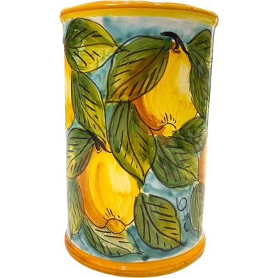 Porta mestoli in ceramica Caltagirone, h 20 cm ca. con decoro Limoni - 