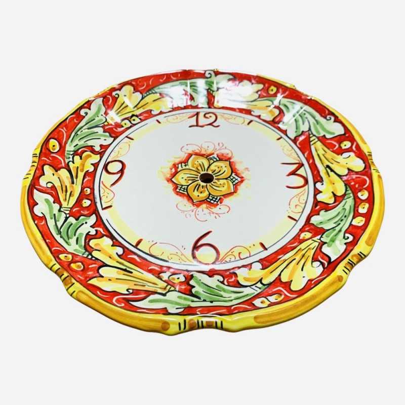 Orologio smerlato in ceramica Caltagirone - Ø 25 cm ca. Completo di Ingranaggio, decoro barocco rosso - 