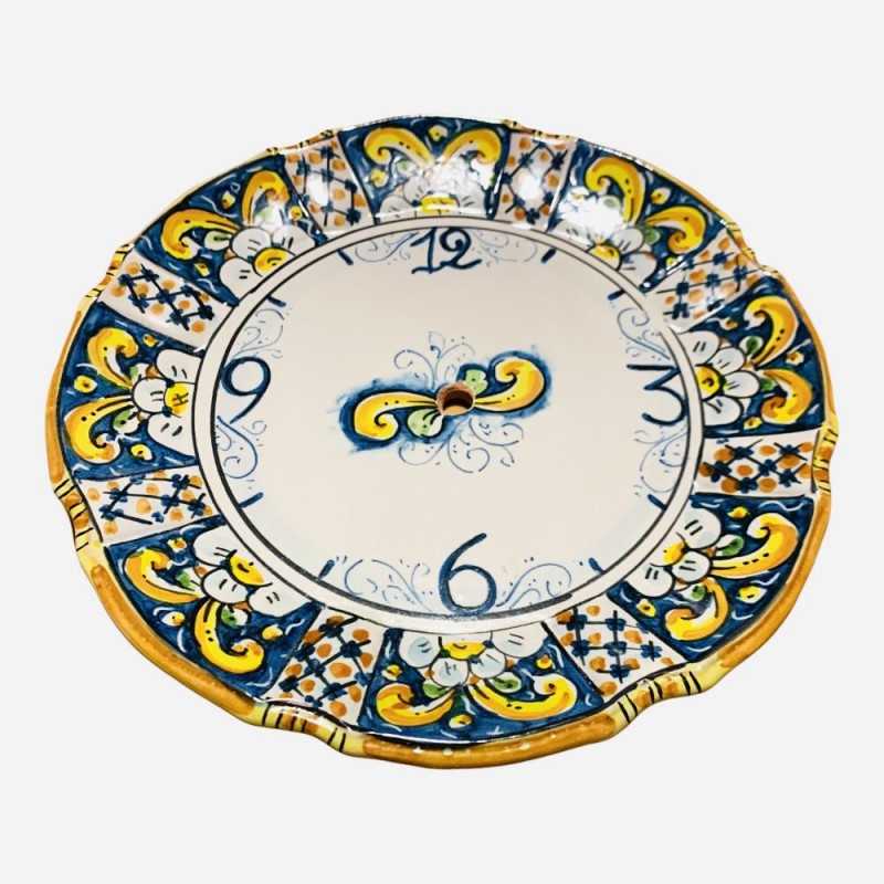 Orologio smerlato in ceramica Caltagirone - Ø 25 cm ca. Completo di Ingranaggio, decoro barocco e fiori blu - 