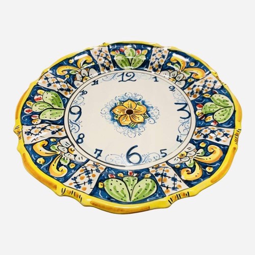 Orologio smerlato in ceramica Caltagirone - Ø 30 cm ca. Completo di Ingranaggio, decoro barocco blu e ficodindia -