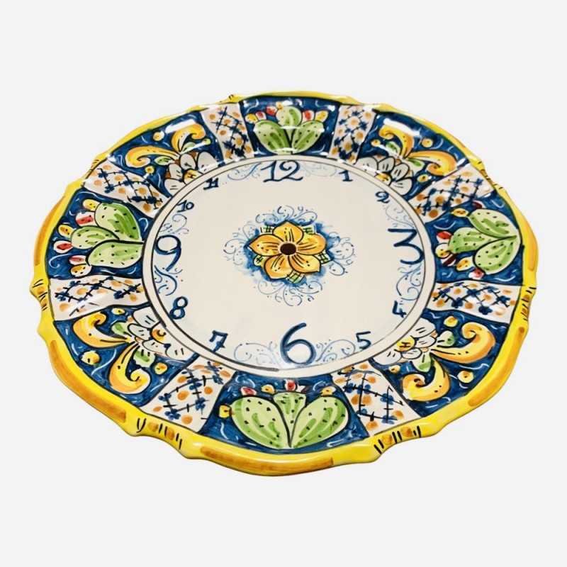 Orologio smerlato in ceramica Caltagirone - Ø 30 cm ca. Completo di Ingranaggio, decoro barocco blu e ficodindia - 