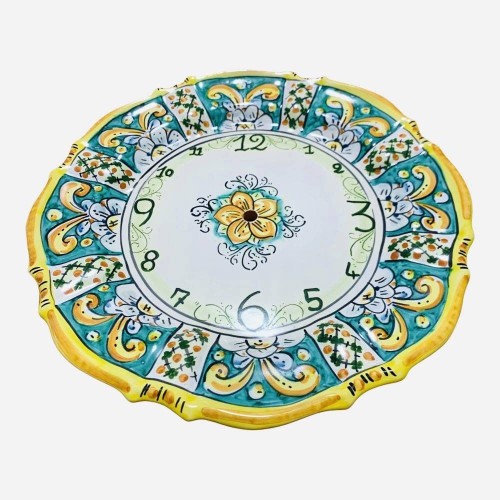 Orologio smerlato in ceramica Caltagirone - Ø 30 cm ca. Completo di Ingranaggio, decoro barocco verderame e fiori -