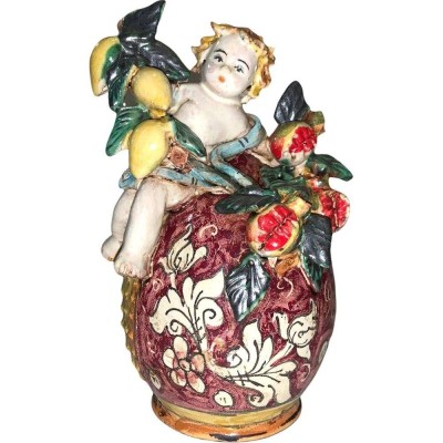 Putto with fruit on Egg in Caltagirone ceramic opaque glaze - height 20 cm - 