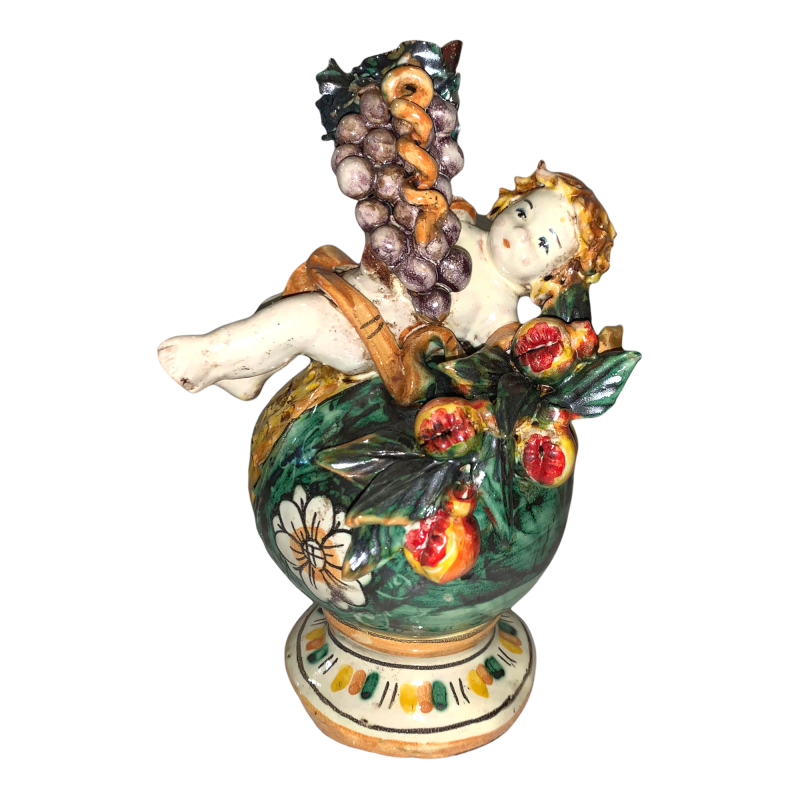 Putto on sphere with fruit in Caltagirone ceramic - Height 19 cm - 