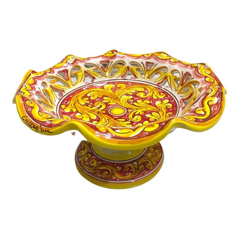 Alzata fruttiera centrotavola smerlata e traforata, ceramica Caltagirone, con 3 opzioni misura (1pz) decoro barocco, fon