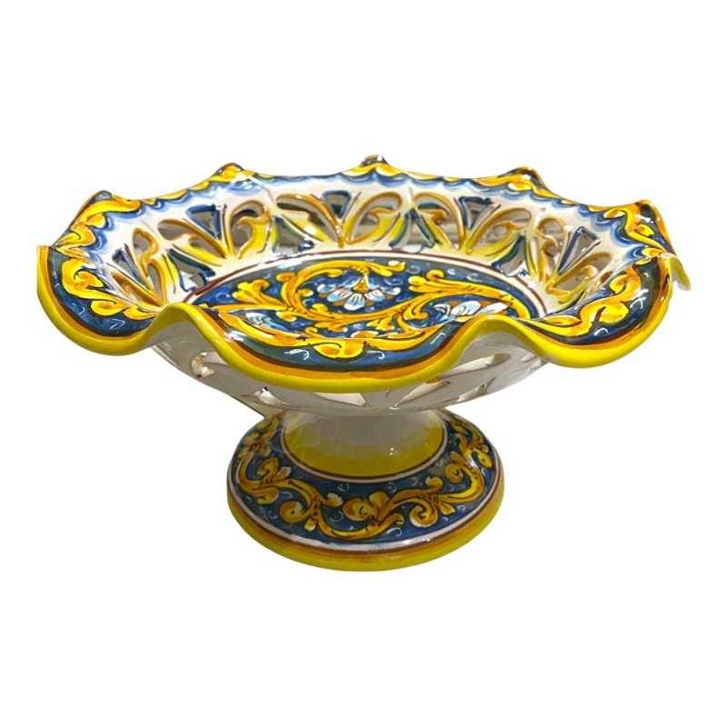 Alzata centrotavola fruttiera smerlata e traforata, ceramica Caltagirone, 3 opzioni misura (1pz) decoro barocco, floreal