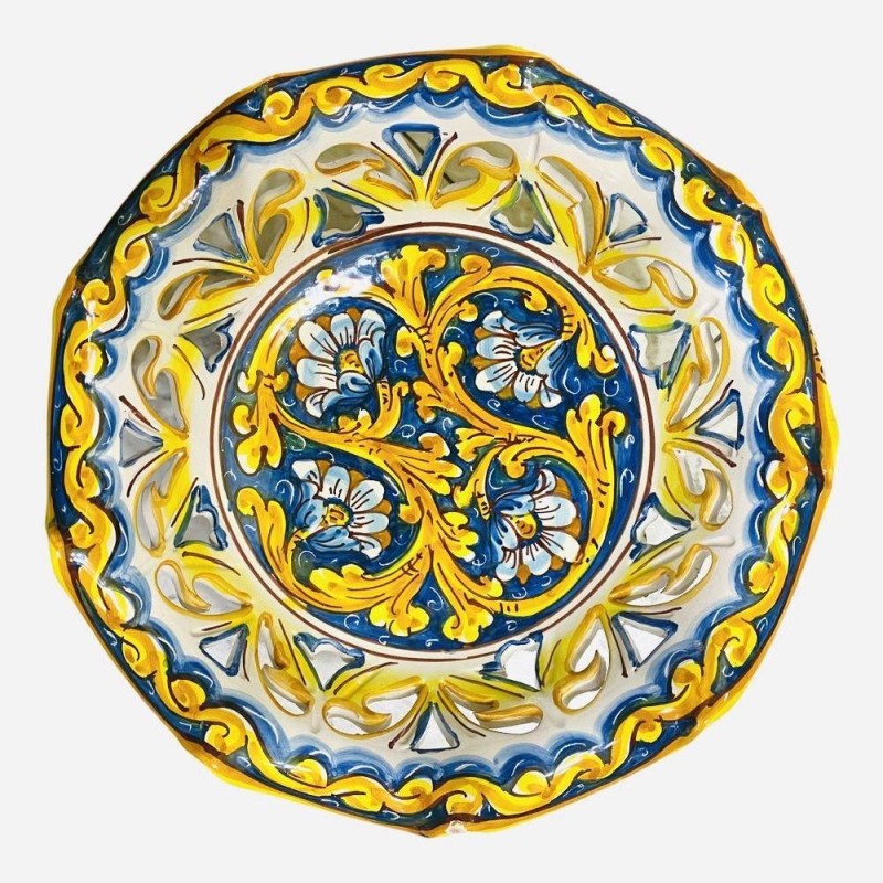 Bågad och perforerad fruktskål i mitten, Caltagirone keramik, 3 storleksalternativ (1 st) dekoration 2 Blommor - 
