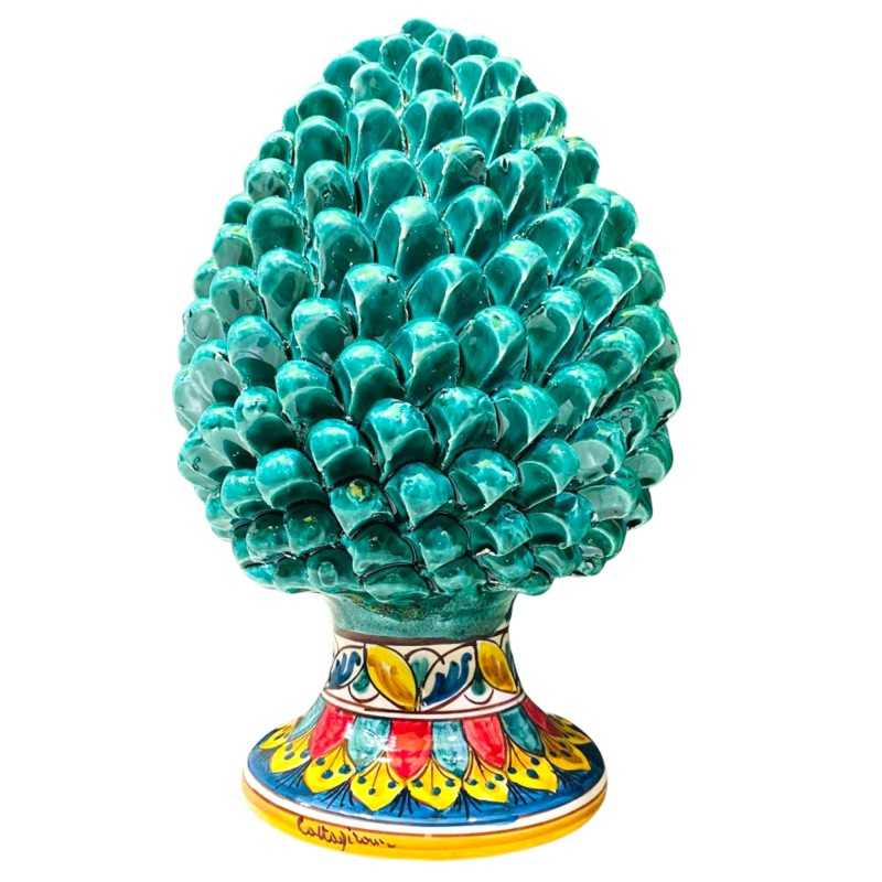 Sicilian Caltagirone ceramic pine cone verdigris color and decorated stem - height 30cm - 