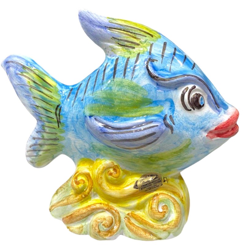Peixe tropical em cerâmica siciliana fina, decorado à mão, altura 21 x 16 cm aprox. - Cor aleatória - 