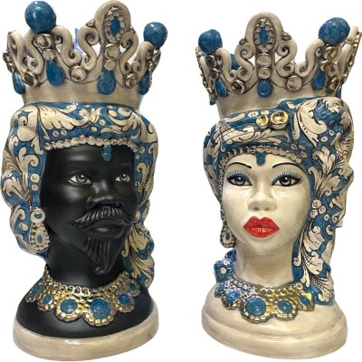 Tête de Maure Caltagirone ELISABETH - détails en PLATINE et Maure Noir Satiné - h 50 cm - 