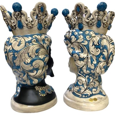 Tête de Maure Caltagirone ELISABETH - détails en PLATINE et Maure Noir Satiné - h 50 cm - 