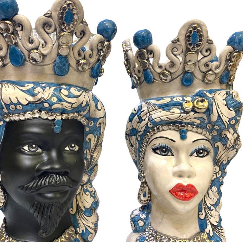 Tête de Maure Caltagirone ELISABETH - détails en PLATINE et Maure Noir Satiné - h 50 cm - 