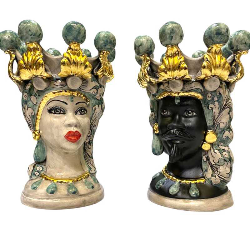 Testa di Moro ceramica Caltagirone, h 30 cm ca. con Corona e Smalto ORO 24k e Moro nero opaco - 