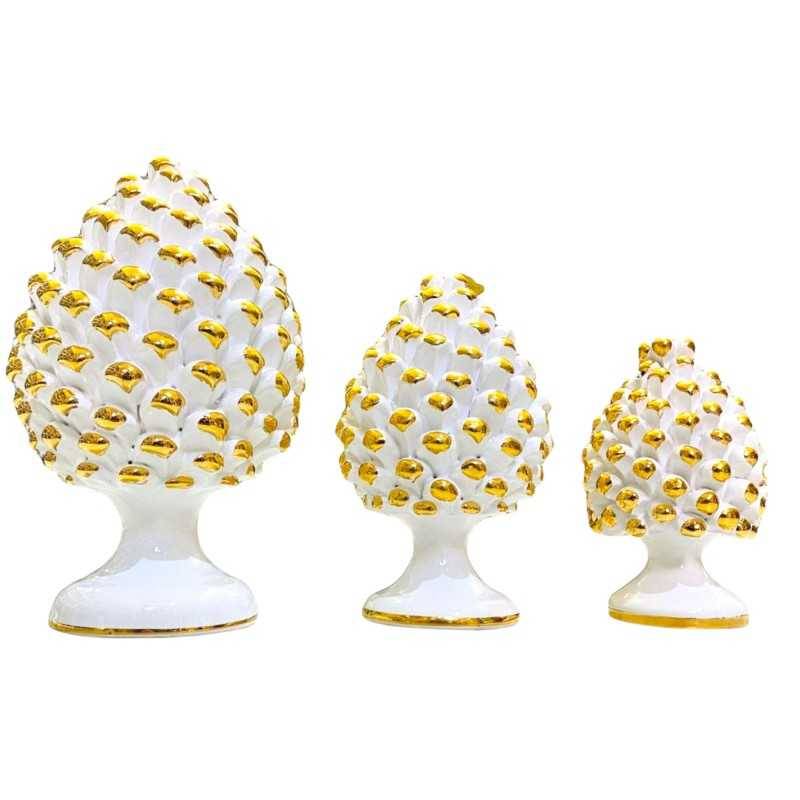 Tannenzapfen aus feiner Caltagirone-Keramik, weiße Farbe mit Spitzen aus reinem Gold – 3 Größen erhältlich - 