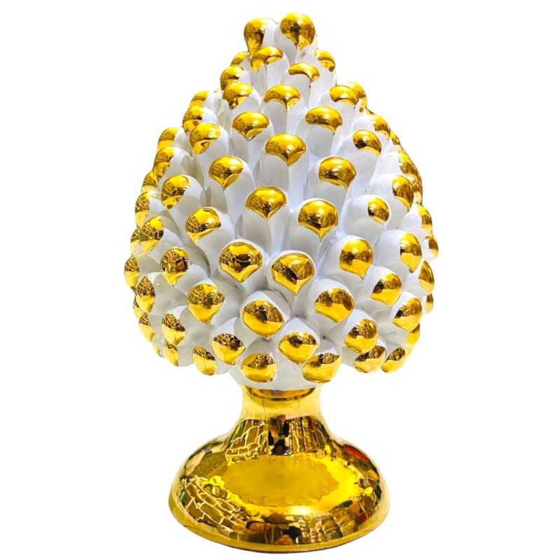 Piña de pino TOTAL GOLD en fina cerámica blanca Caltagirone con ZECCHINO GOLD Tallo y Puntas altura 20 cm - 