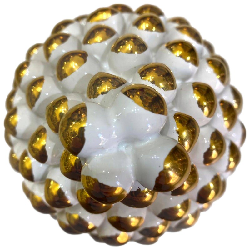 Piña de pino TOTAL GOLD en fina cerámica blanca Caltagirone con ZECCHINO GOLD Tallo y Puntas altura 20 cm - 