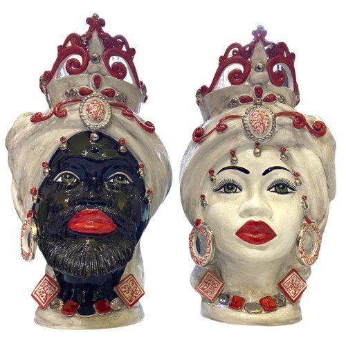 Sicilian Moor heads (1pc) h approx. 50 cm Caltagirone ceramic, with crown, PLATINUM enamel and matt black face - 