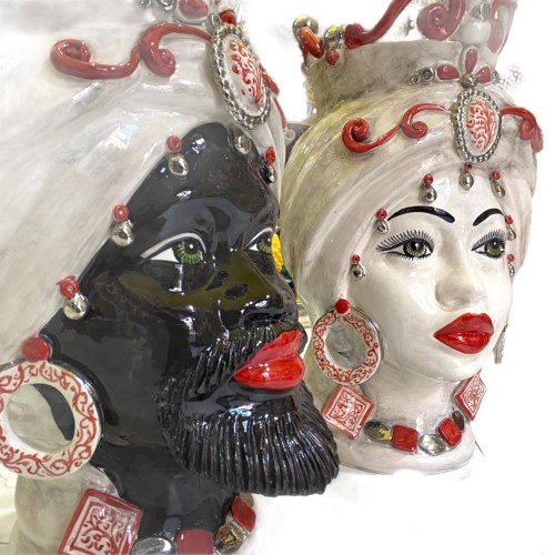 Sicilian Moor heads (1pc) h approx. 50 cm Caltagirone ceramic, with crown, PLATINUM enamel and matt black face -  2