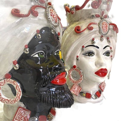 Cabeças de mouro siciliano (1 unidade) h aproximadamente 50 cm Cerâmica Caltagirone, com coroa, esmalte PLATINUM e face 