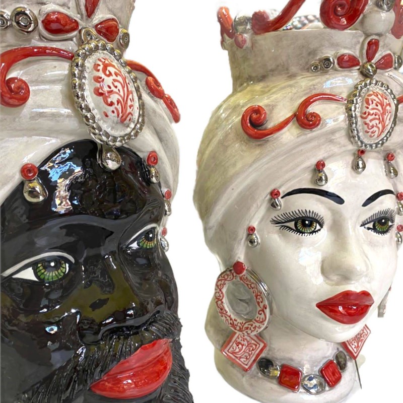 Cabeças de mouro siciliano (1 unidade) h aproximadamente 50 cm Cerâmica Caltagirone, com coroa, esmalte PLATINUM e face 