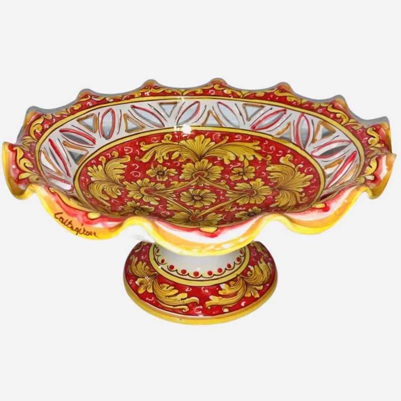 Alzata centrotavola fruttiera ceramica Caltagirone, 3 opzioni misura (1pz) Barocco e fiori su fondo rosso - 