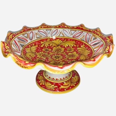 Centerpiece fruit stand in Caltagirone ceramic with Baroque decoration on a red background - diameter 40cm - 