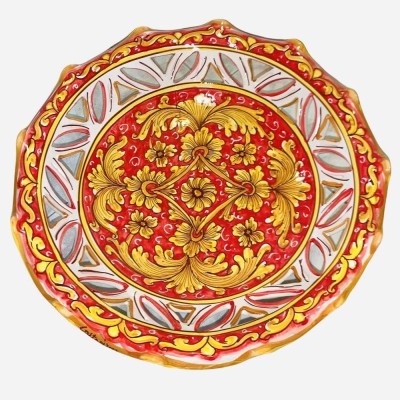 Centro de mesa frutero de cerámica Caltagirone con decoración barroca sobre fondo rojo - diámetro 40cm - 