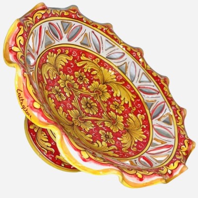 Centerpiece fruit stand in Caltagirone ceramic with Baroque decoration on a red background - diameter 40cm - 