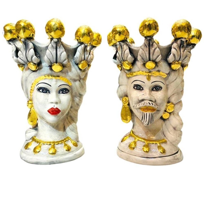 Pareja de Cabezas de Moro Caltagirone Elisabeth Fume Blanco y Oro Puro - Altura 25 cm - 