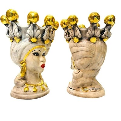 Pareja de Cabezas de Moro Caltagirone Elisabeth Fume Blanco y Oro Puro - Altura 25 cm - 