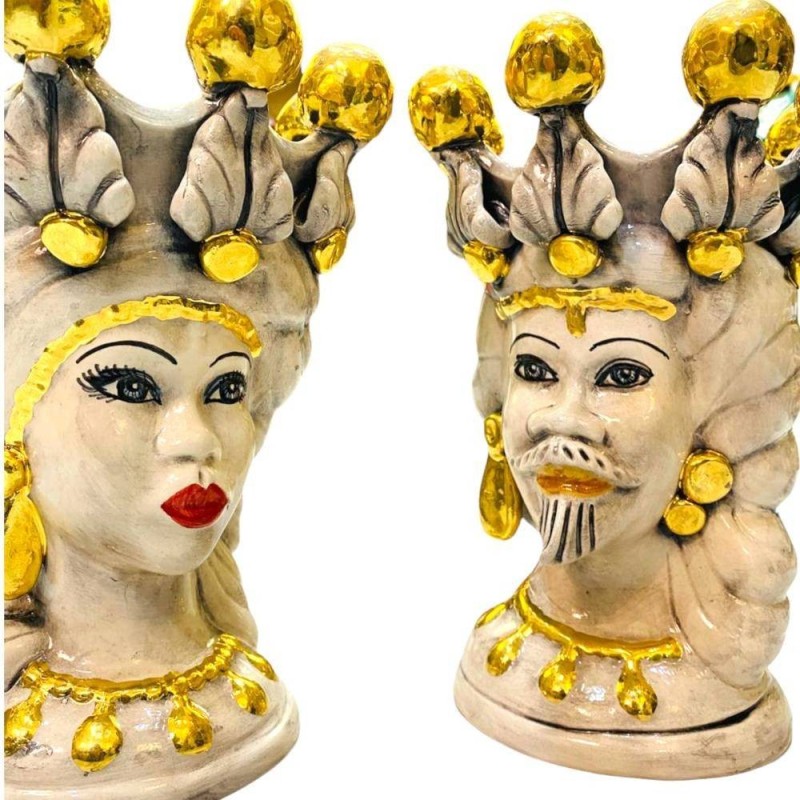 Pareja de Cabezas de Moro Caltagirone Elisabeth Fume Blanco y Oro Puro - Altura 25 cm - 