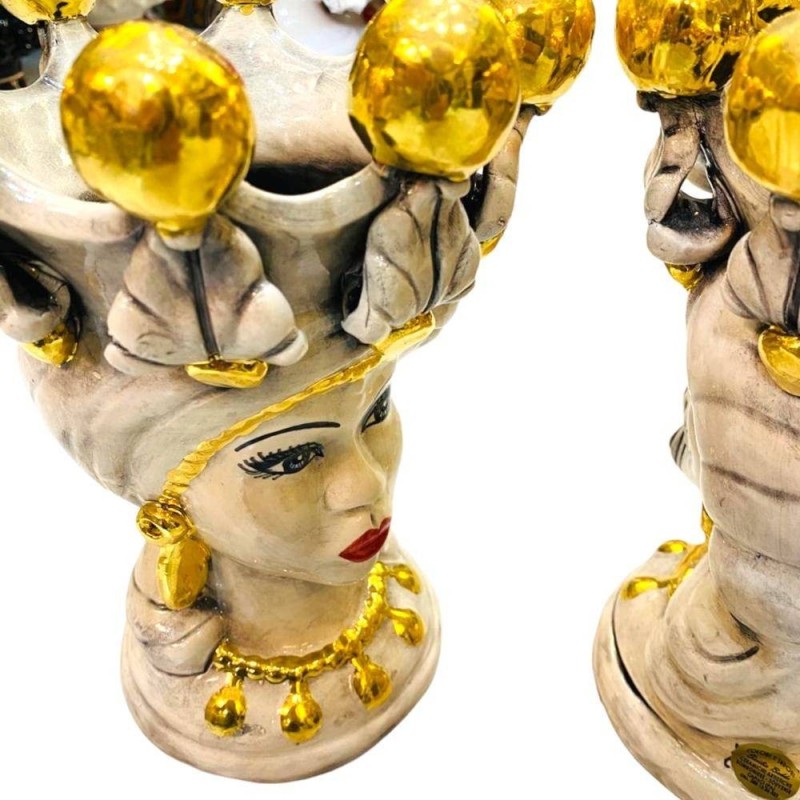 Pareja de Cabezas de Moro Caltagirone Elisabeth Fume Blanco y Oro Puro - Altura 25 cm - 