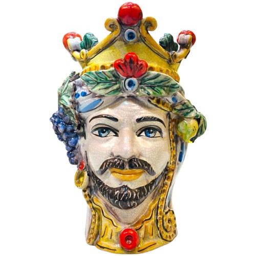 Tête sicilienne classique avec couronne et fruit, émail Craquele ancien, céramique de Caltagirone, hauteur environ 27 cm